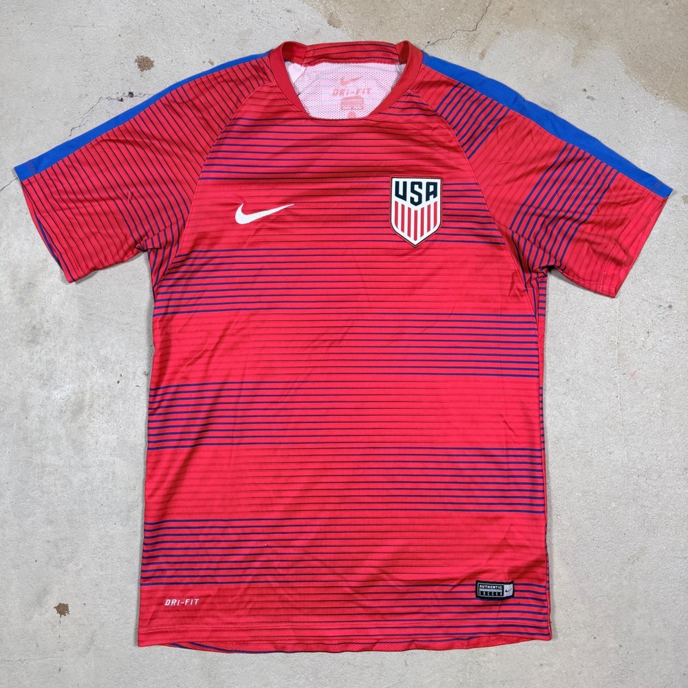 Nike US Mens‎ Soccer Jersey Red Blue Stripe Dri FIT Authentic Size M